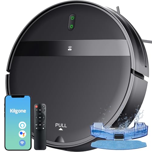 Kilgone Saugroboter und Wischmopp Combo, 2-in-1 Saugroboter mit verwicklungsfreiem Saugen, WiFi/Alexa/App-Steuerung, Auto Recharge, Ultra-Slim Leises Design für Tierhaare, Hartböden von Kilgone