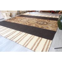 Übergröße Kelim Teppich, 11'5"x12'5" Füße, Vintage Beige-Braun Boho Teppich , Gestreifter/N-765 von KilimToGo