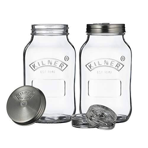 KILNER Fermentier Set, 2x 1 Liter Glas mit Gärungsdeckel, einfaches Haltbarmachen von Gemüse, Fermentieren Starter Set, Konservieren von Gemüse, wie Sauerkraut und Kimchi, Einmachglas 1l von Kilner