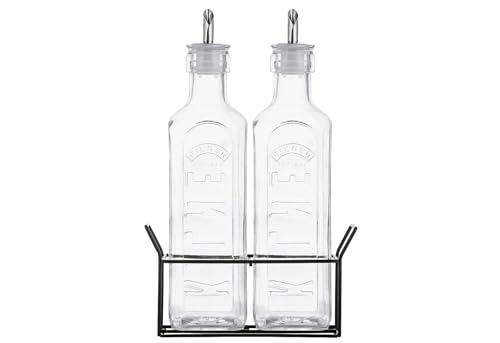 KILNER ÖL und Essigspender Set | 2x 600 ml | Ölflasche mit Ausgießer und Metallständer | für einfaches, tropffreies Ausgießen von Essig und Olivenöl | Ölflaschen zum Befüllen von Kilner