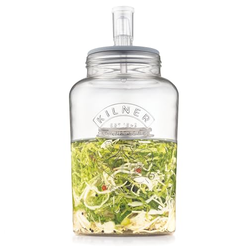 KILNER Fermentier Set | 5 Liter Glas mit Gärungsdeckel | einfaches Haltbarmachen von Gemüse | 1x Kilner Fermentierglas, 1x Silkondeckel, 1x Kunststoffventil, 2x Keramik-Gewichte | Einmachglas 5l von Kilner