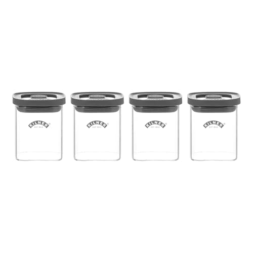 Kilner 4er-Set Gewürzgläser eckig aus Borosilikatglas | 4x160ml | Gewürzdosen luftdicht mit Silikondeckel für eine starke Vakuumversiegelung | Spülmaschinengeeignetes Gewürzbehälter Glas von Kilner