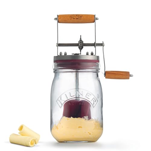 Kilner Butterfass Glas mit Handkurbel, leckere Butter selber machen in nur 10 Minuten, mit Silikonrührer, 1L, inkl. Anleitung und Rezepten, auch für Kräuterbutter, Knoblauchbutter usw., 27 cm hoch von Kilner