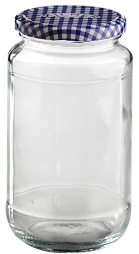 Kilner Einmachglas mit Schraubdeckel luftdicht, Rund, 580 ml, blau-weiß karierter Twist-Off Deckel, für selbstgemachte Kreationen, Marmeladenglas mit Deckel aus 30% recyceltem Glas von Kilner