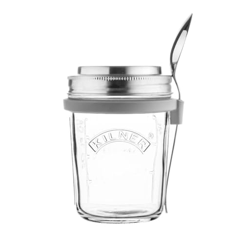 Kilner Frühstücksglas mit Löffel | 350 ml, Ø 9,5 cm | 5-teilig | Müslibecher to go | schadstoffrei | Glasbehälter mit Deckel für Müsli, Porridge & Joghurt | Overnight Oats Behälter von Kilner