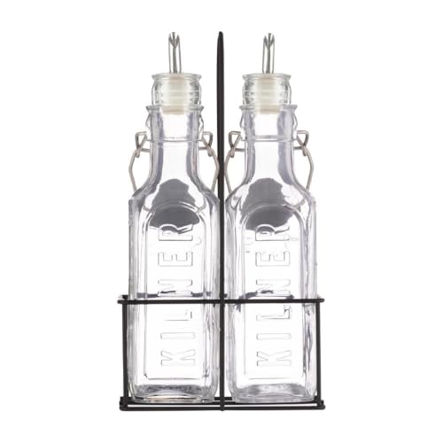 Kilner Öl- und Essigflaschen-Set 3-teilig | 2x Glas-Flasche mit 0,3 l Füllmenge inklusive 2x Ausgießer aus Edelstahl | Metall-Gestell mit Tragegriff | Spender für Olivenöl, Dressings & Balsamico von Kilner