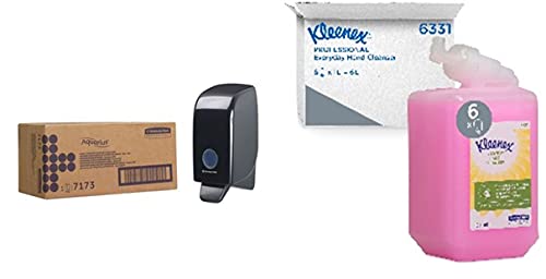 Aquarius Seifenspender 7173 – 1 x wandmontierter Seifenspender Schwarz (Nachfüllmenge 1 Liter) + Kleenex Seife 6331 - Handseife für die tägliche Verwendung, rosa, 6 x 1 L von KIMBERLY-CLARK