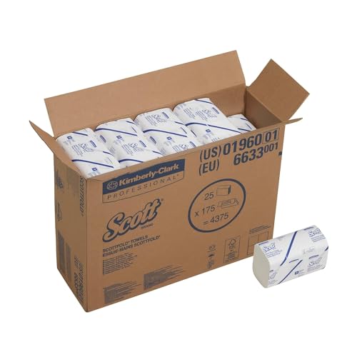 Scott Multifold Papierhandtücher 6633, 1-lagige weiße Handtuchpapiere, nachhaltige Papierhandtücher für hygienisches Händetrocknen, 25 Packungen x 175 (insg. 4.375 Blätter) von SCOTT PROFESSIONAL