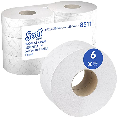 Scott Essential Toilettenpapier, Jumbo Toilettenpapierrolle, 2-lagig, 6 Rollen x 380 m, Weiß, 8511 von Scott
