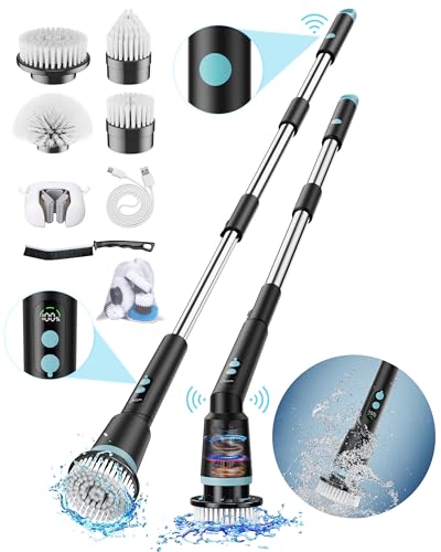 Kabellose elektrische Reinigungsbürste mit Fernbedienung, IPX7 wasserdicht, 4 austauschbare Bürstenköpfe, für Badezimmer, Dusche, Badewanne und Boden (schwarz) von Kimeetol