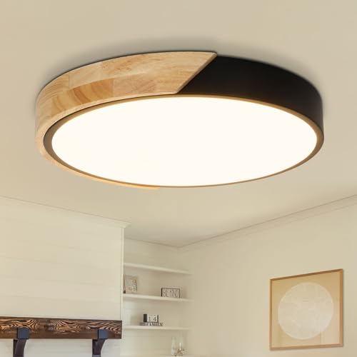 Kimjo LED Deckenleuchte Holz Rund - Deckenlampe Schwarz Holz Warmweiß 3000K 24W - Deckenlampe Wohnzimmer Holz 30cm für Schlafzimmer Küche Korridor Verandas von Kimjo