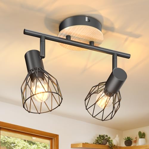 Kimjo LED Deckenstrahler 2 Flammig Schwenkbar - Spot Lampe Schwarz Deckenlampe Holz E14 Wandleuchte 2 Flammig - Strahler Deckenleuchte Wohnzimmer Lampe Küche Decke - Lampe Wand Ohne Leuchtmittel von Kimjo