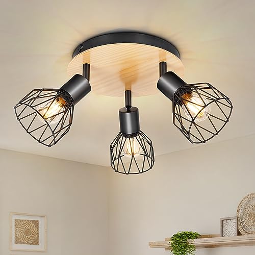 Kimjo Led Deckenstrahler 3 Flammig Rund Holz Schwenkbar - Deckenlampe Strahler Deckenleuchte E14 3 Flammig Schwarz - Spotleuchte Wand Küche Lampe Wohnzimmer Deckenspot Schlafzimmer Nein Leuchtmittel von Kimjo