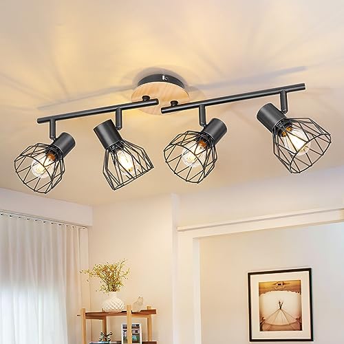 Kimjo Led Deckenstrahler 4 Flammig Schwenkbar - Deckenleuchte E14 4 Flammig Schwarz Deckenlampe Holz - Schlafzimmer Deckenleuchte Küche Lampe Decke Wohnzimmer - Spotleuchte Wand Nein Leuchtmittel von Kimjo