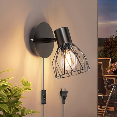 Kimjo Wandlampe mit Schalter und Stecker - Wandleuchte mit Schalter Schwarz Wandlampe mit Stecker Innen Drehbare - E14 Wandstrahler Schlafzimmer Wandlampe Wohnzimmer Wandspot Ohne Leuchtmittel von Kimjo