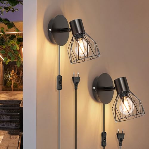 Kimjo Wandlampe mit Stecker - Wandlampe mit Schalter und Stecker Schwarz - Wandleuchte mit Stecker und Kabel Drehbare - E14 Wandleuchte mit Schalter Schlafzimmer Wandstrahler Ohne Glühbirne 2 Stück von Kimjo