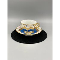 Antike Meissen B-Form Porzellan-Tasse Und Untertasse Set Türkisblaue Blumen Und Schweres Golddekor von KimmsAttic