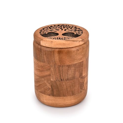 Kimona Food Jars & Canisters for Kitchen Counter, Wooden Food Storage Jars Tree Of Life Engraved on Lid Storage Container for Kitchen, Coffee, Flour (11.43cm x 11.43cm x 15.24cm) von Kimona