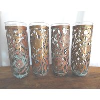 Vintage Kupfer Käfig Trinkgläser 4Er Set Rosen Blumen Muster 1930Er Jahre Becher Art Deco Ära Barware Metall Ummantelt Vier von KimsKreations17