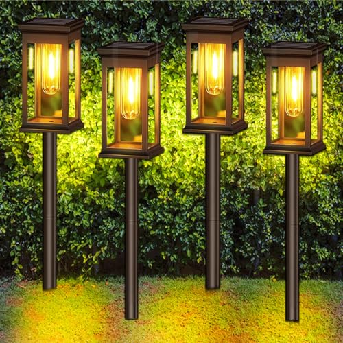 Kimuwote Solarlampen für Außen Garten, 4 Stück Solarleuchten für Außen mit Wolfram Licht Warmweiß, IP65 Wasserdicht Auto Ein/Aus Solarleuchten Garten Deko für Rasen, Terrasse, Hof, Geschenke von Kimuwote