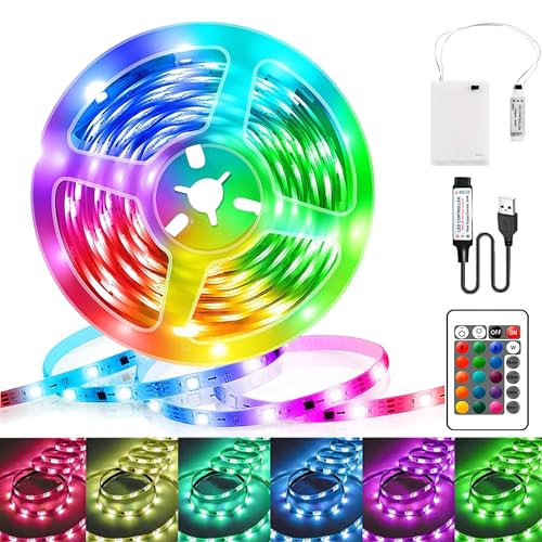 LED Streifen Batterie, 2M RGB 5050 LED Strip Batteriebetrieben oder USB Betrieben, 16 Farben Fernbedienung Dimmbar Ledband Selbstklebend für TV Hintergrundbeleuchtung Deko, Zuhause PartyDeko von Kimuwote