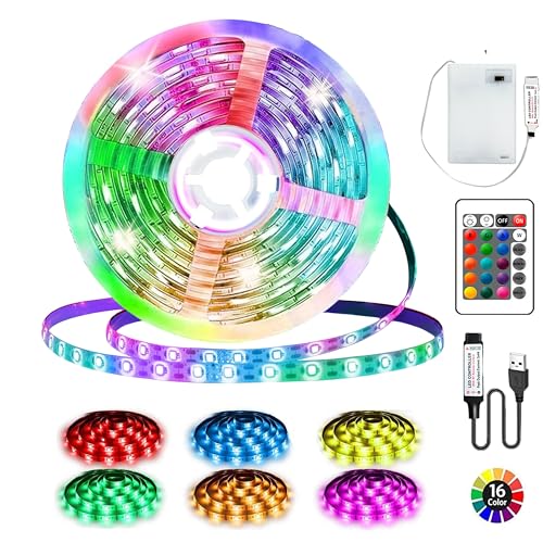 LED Streifen Batterie, 3 Meter 90LED Strip RGB 5050, Streifen Batteriebetriebene oder USB mit Ferndimmbar 16-Farben,Schneidbar für TV Hintergrundbeleuchtung,Schlafzimmer zu Hause,Schränke,Party Deko von Kimuwote