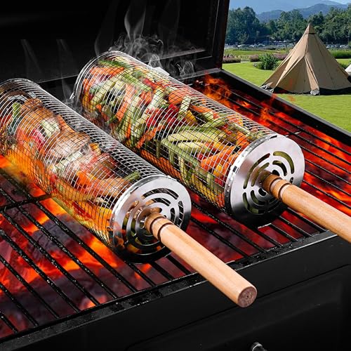 Rollendes Grillkorb Set mit Holzgriff, 2 Stück Rolling Grillkorb Basket mit Gabel, Kochen BBQ Zubehör für Camping Outdoor Grillen für Gemüse, Pommes Frites, Fleisch, Fisch Rollendes Grillkorb Set mit Holzgriff, 2 Stück Rolling Grillkorb Basket mit Gabel, Kochen BBQ Zubehör für Camping Outdoor Grillen für Gemüse, Pommes Frites, Fleisch, Fisch von Kimuwote