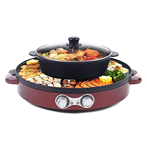 Hot Pot mit Grill, 220 V 2000 W 2-in-1-Antihaft-Elektro-Hot Pot und Grillplatte mit doppelter Temperaturregelung, 1-8 Personen, rauchfreier koreanischer Multifunktions-BBQ-Grill von Shabu (Rot) von KinHall