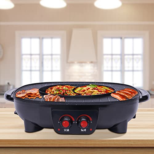 KinHall Elektrischer Hot Pot und Grillplatte 2 in 1, Elektrische Barbecue Elektrische Hot Pot große Kapazität doppelte Temperaturregelung Geteiltes Design Leicht zu reinigen für Familienrestaurant von KinHall