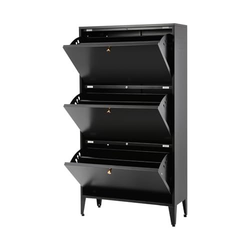 KinHall Schuhschrank, Schuhschrank mit 3 Flip-Schubladen 65x24x109cm, im Wohnzimmer, im Eingangsbereich und im Schlafzimmer (Schwarz) von KinHall