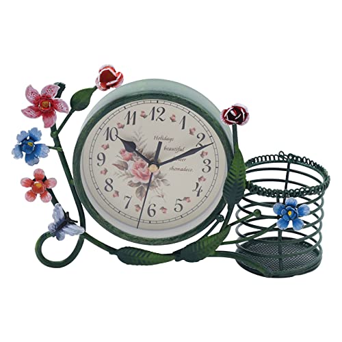 KinHall Leise Pastorale Tischuhr, Eisenuhr-Ornamente im Schlafzimmer und Wohnzimmer, Tischuhr mit Blumenhalter, batteriebetriebener antiker Retro-Wecker von KinHall