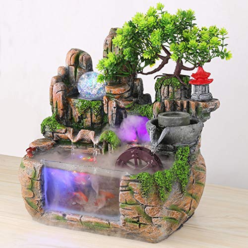 Zimmerbrunnen mit LED-Beleuchtung, Tischbrunnen, Wasserfall, dekorativer Brunnen, LED-Wasserfall, leiser Mini-Innensimulationsharz Steingarten Wasserbrunnen Bonsai mit Zerstäuber und Pool für Fische von KinHall