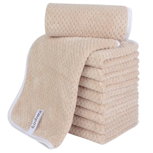 KinHwa Mikrofaser Gästehandtücher Handtücher 30x50cm, Weiche Saugstark Gästetücher mit Aufhängeschlaufe, Schnelltrocknend Waschlappen Saugfähig für Bad, Spa, Fitnessstudio 10 Pack Hellbraun von KinHwa