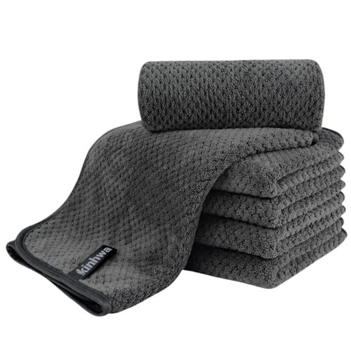 KinHwa Mikrofaser Gästehandtücher Handtücher 30x50cm, Weiche Saugstark Gästetücher mit Aufhängeschlaufe, Schnelltrocknend Saugfähig für Bad, Spa, Fitnessstudio 6 Pack Dunkelgrau von KinHwa