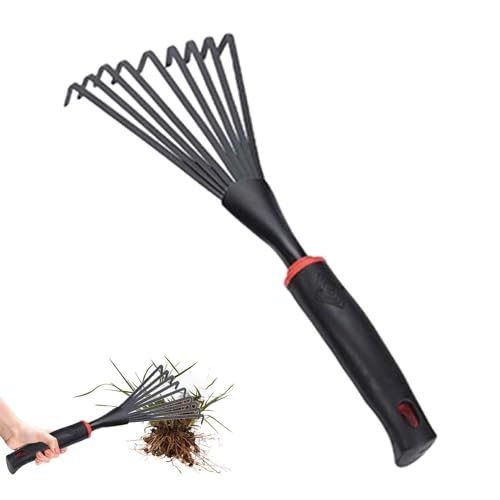 Hand-Fächerbesen mit 9 Elastische Zinken – Laubbesen für Garten - Handrechen mit ergonomischem Griff zum Auflockern des Bodens, für Gartenarbeiten und Kultivierung von KinMokusei