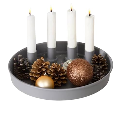 Metall Adventskranz mit 4 magnetischen Stab-Kerzenhaltern für Kerzen bis 2 cm Durchmesser,25cm Rund Kerzentablett Adventskranz Weihnachten Deko (Hellgrau) von KinMokusei