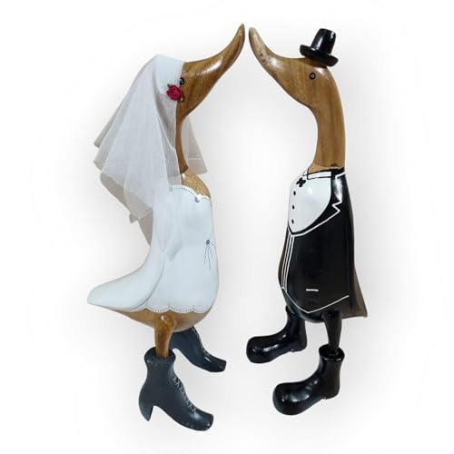 Enten Brautpaar 2er Set - Bambus Enten Hochzeit - 46cm Enten im Anzug und mit Schleier von Kinaree