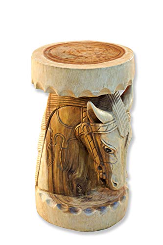 Kinaree Holz Beistelltisch MA - 51cm Hocker mit geschnitztem Pferd - Blumenpodest - Akazie Massivholz als Blumenständer oder Nachttisch… (Natur) von Kinaree