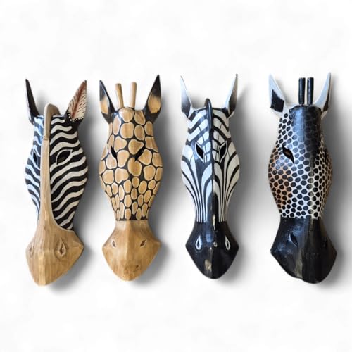 Holz Maske Zebra oder Giraffe – Handgeschnitzte Wanddekoration aus massivem Holz – Ethno & Kolonialstil – 50cm – Unikat aus Indonesien (50 cm) von Kinaree