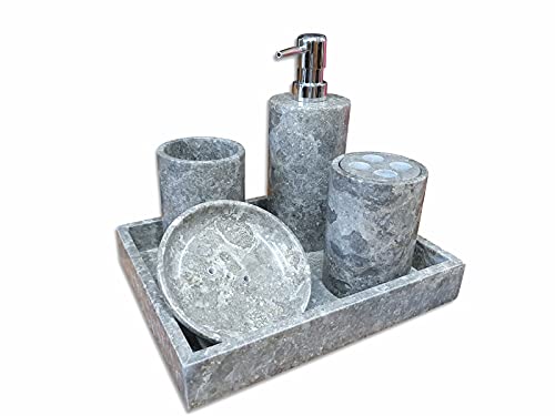 Kinaree Badezimmer Set Marmor - 5 teiliges Set Onyx oder Dunkel - Seifenspender, Zahnputzbecher, Seifenschale, Ablage (Marmor Dunkel) von Kinaree