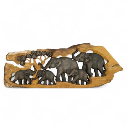 Kinaree Elefanten Wandrelief Schnitzerei - Wandbild Elefanten - verschiedene Größen - Handgemachte Schnitzerei (XL - 5 Elefanten) von Kinaree