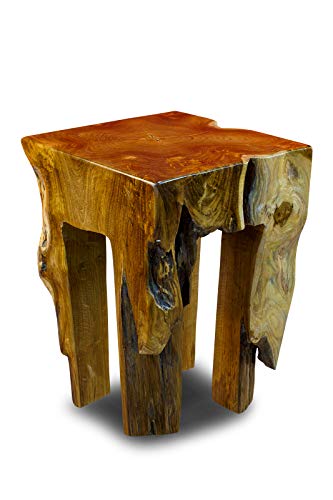 Kinaree Holz Beistelltisch aus massivem Teak Wurzelholz – handgefertigt aus Indonesien – 42 × 30 × 30 cm – rustikaler Hocker & Nachttisch – Natur lackiert – einzigartiges Unikat von Kinaree