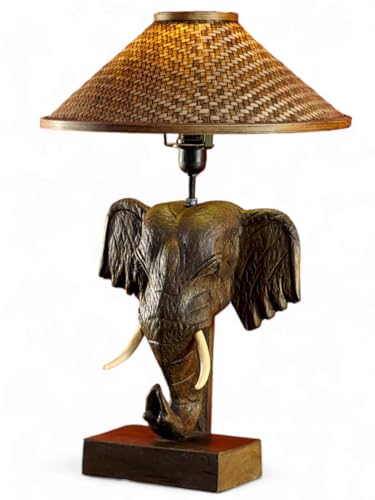 Kinaree Holz Tischlampe CHANG - Tischleuchte mit Lampenschirm - Stehlampe mit einem Elefantenkopf geeignet für Wohnzimmer, Schlafzimmer, Flur von Kinaree