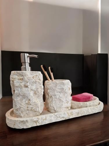 Marmor Badezimmer Set - Zahnputzbecher, Seifenspender, Seifenschale, Tablett für Ihre Wohlfühloase in beigen Naturstein von Kinaree