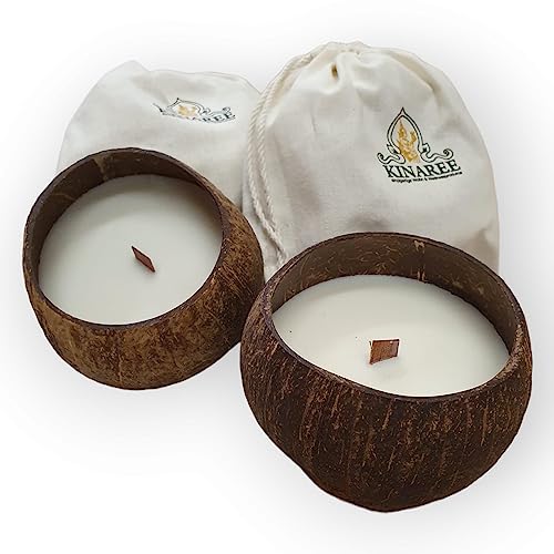 Sojawachs Duftkerze Kokosnuss - Aromakerze in einer halbierten Kokosnuss - Parafinfreie Kerze mit Sisalring als Halter für die Kokosnuss (Coconut Limes) von Kinaree