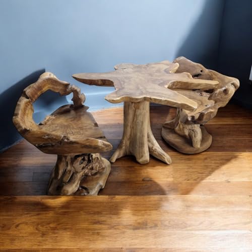 Teak Wurzelholz Sitzgruppe MEZALI mit 4 Stühlen - Massive Gartengarnitur im rustikalen Landhausstil - Die Gartenmöbel eignen Sich auch für Balkon, Terrasse und Wintergarten von Kinaree