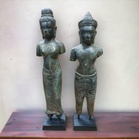 Bronze Statue Königin Und König Von Kambodscha 46 cm | Metall Statuen Paar Khmer Könige Auf Holz Sockel Asia Dekoration Im Antik Stil von KinareeDE