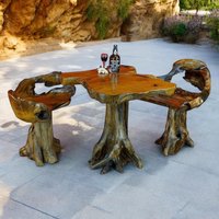 Esstisch Teak Holztisch Massiv | Esszimmertisch Mit Baumstamm Fuß Und Baumscheibe Als Tischplatte + 2 Oder 4 Wurzelholz Stühle von KinareeDE