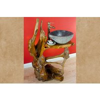 Massivholz Waschtisch Teak Wurzelholz | Außergewöhnlicher, Rustikaler Badezimmer Wasch Tisch Mit Teakholz Waschtischplatte Natur Holz von KinareeDE