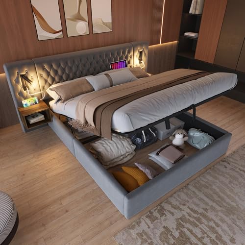 Kinberry Bettanlage Schlafzimmer Komplett Set - Polsterbett Hydraulisch Stauraumbett Doppelbett 180×200 cm mit 2 Nachttischen, Kopfteil Leselicht mit USB Ladefunktion, Grau, Samt (Ohne Matratze) von Kinberry